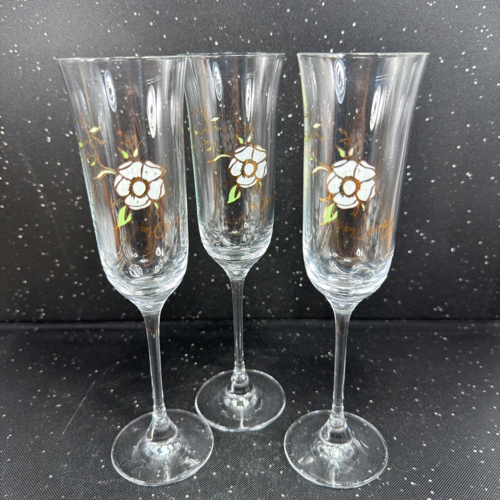 Pierre Jouet Claire Coles Anemone Floral Champagne Flutes Glasses Signed Set 3